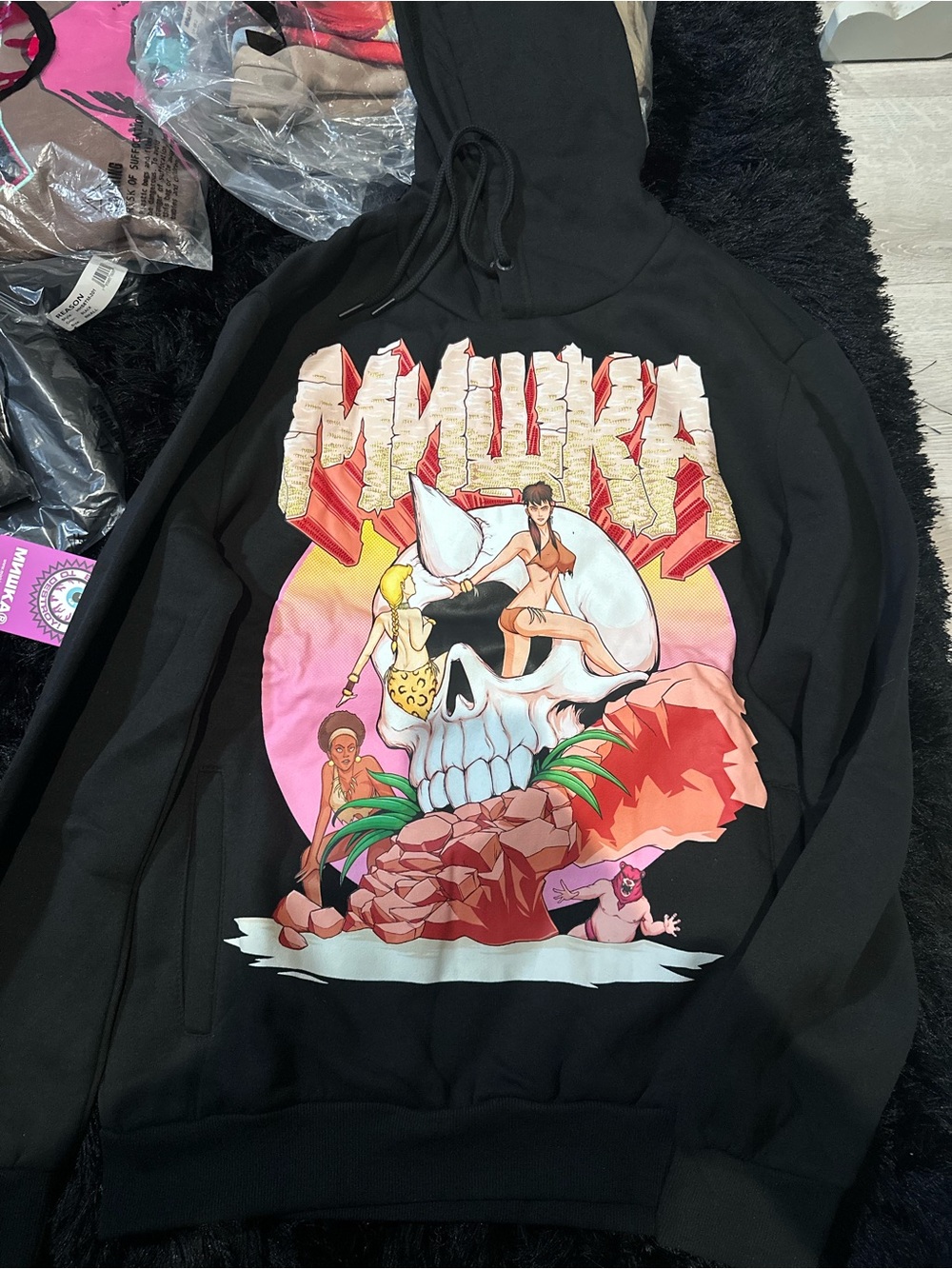 Mishka Black Graphic Crewneck Sweater with Skull & Tropical Print